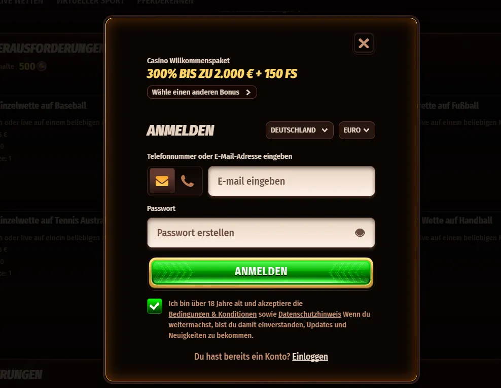 Konto erstellen und bei WestAce Casino registrieren